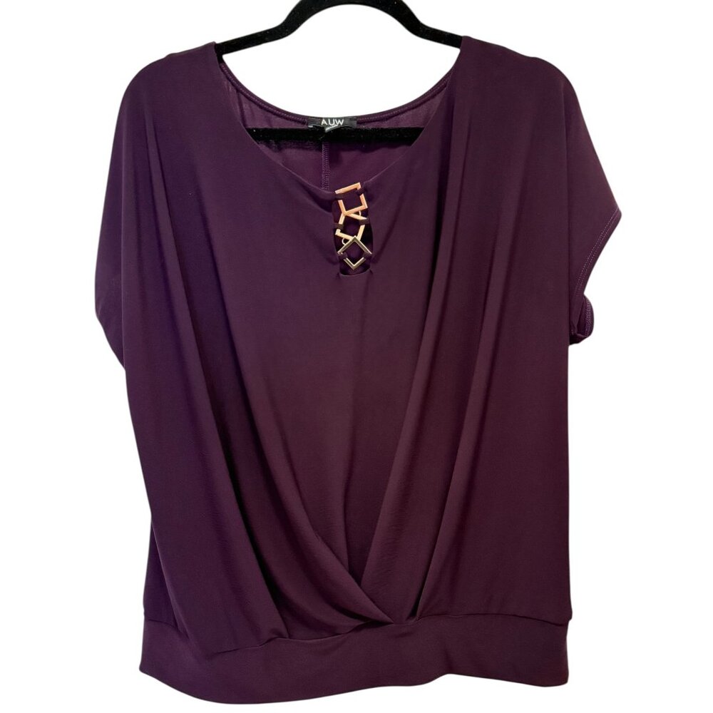 A.U.W Womens Large Purple Drape Front Blouse With Gold Accent Keyhole Neckline